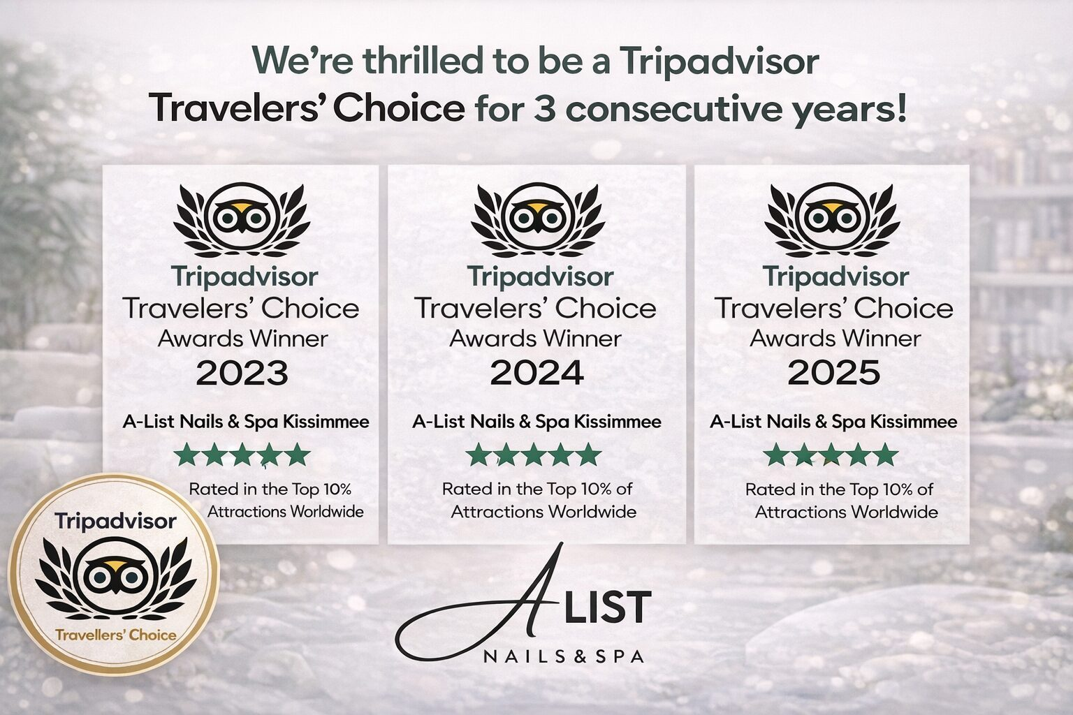 TripAdvisor Travelers Choice Award Winner 2023 2024 2025 — A-List Nails and Spa Kissimmee FL